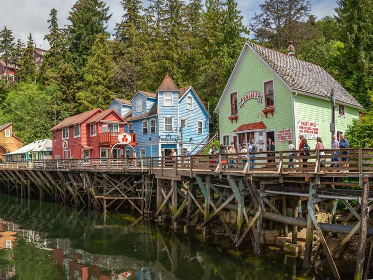 Ketchikan, Alaska - July 29, 2022: Famous Creek Street national historic site in the heart of Kethickan.