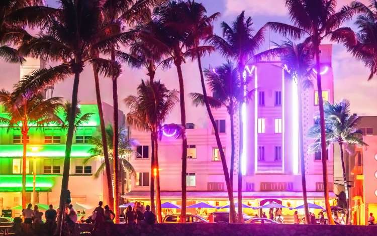 Miami Beach Ocean Drive hotels and restaurants at sunset