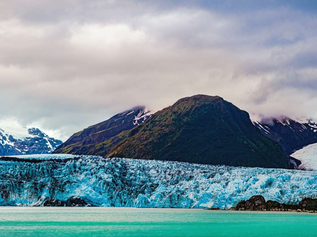 Closeup of the terminal moraine of the tidewater Amalia glacier, taken from the fjord in Torres del Paine NP, Chile