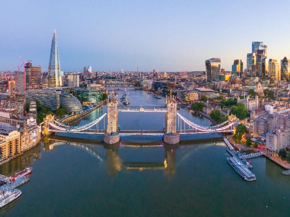 View of London from the River Thames, showing Tower Bridge