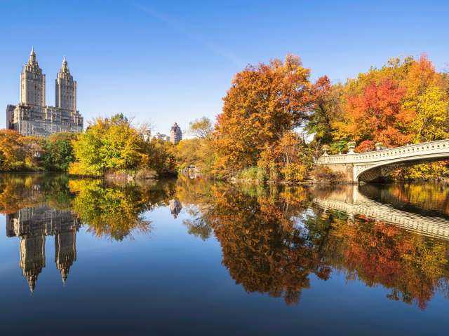 Reflections on the lake in Central Park, New York city, USA