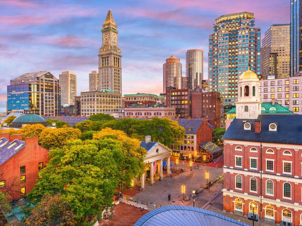 Boston, Massachusetts, USA skyline over Quincy Market.