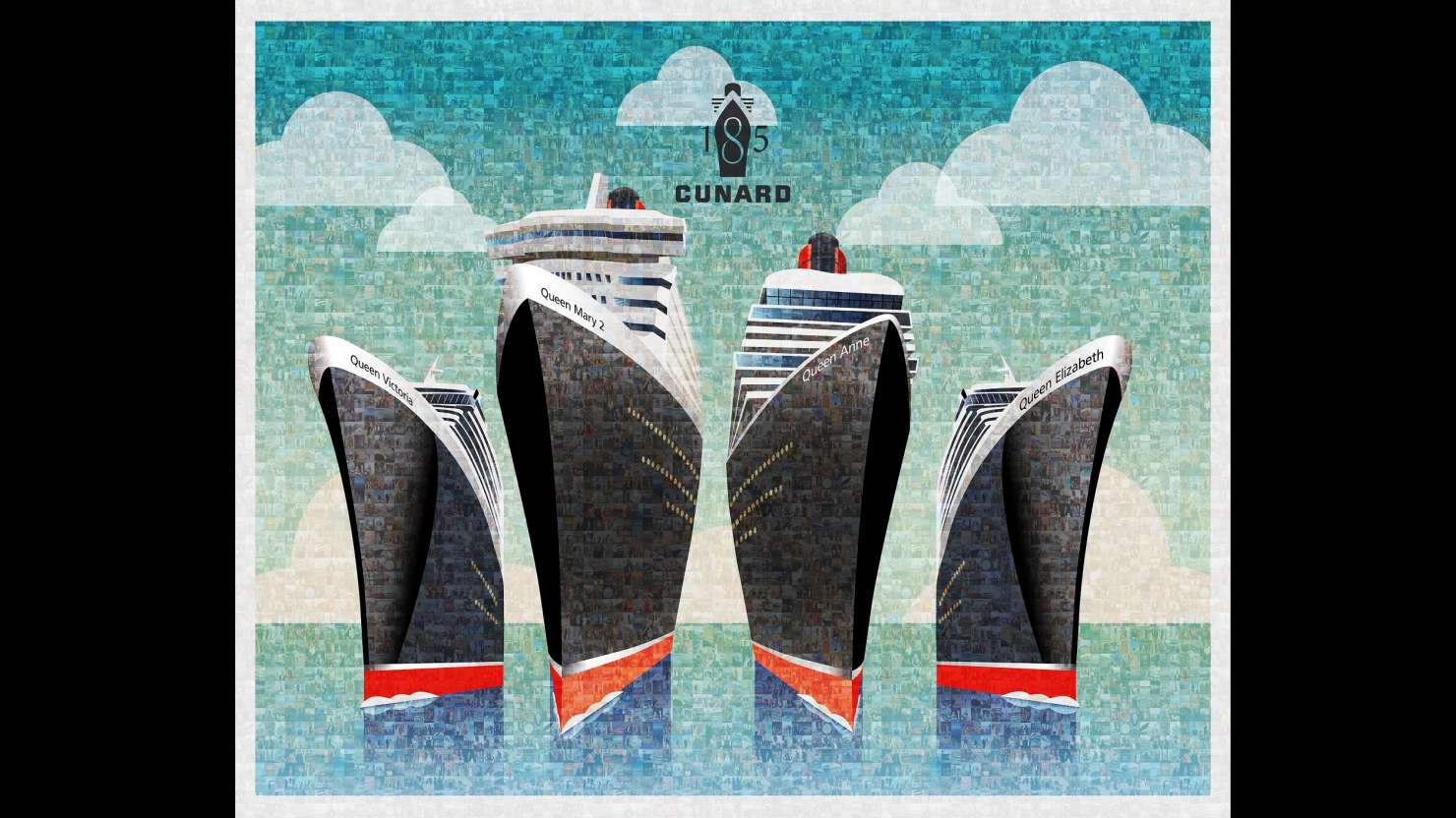 A mosaic showing the four Cunard Queens sailing on the sea, made up of 185 photographs from Cunard voyages past to celebrate the company's 185th anniversary in 2025.