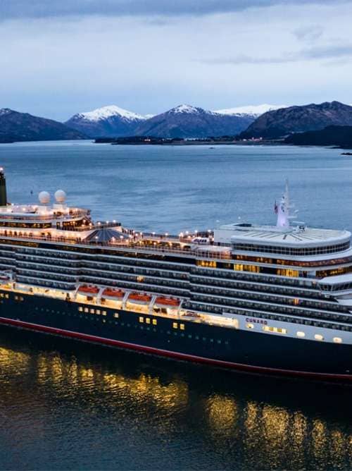 Cunard's Queen Elizabeth in Kodiak, Alaska, at night