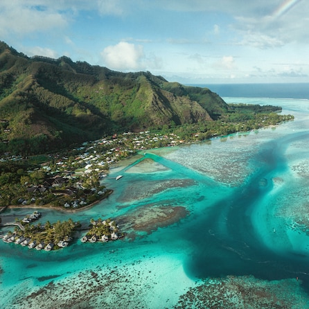 An aerial view of French Polynesia Moorea tropical island on a sunny day