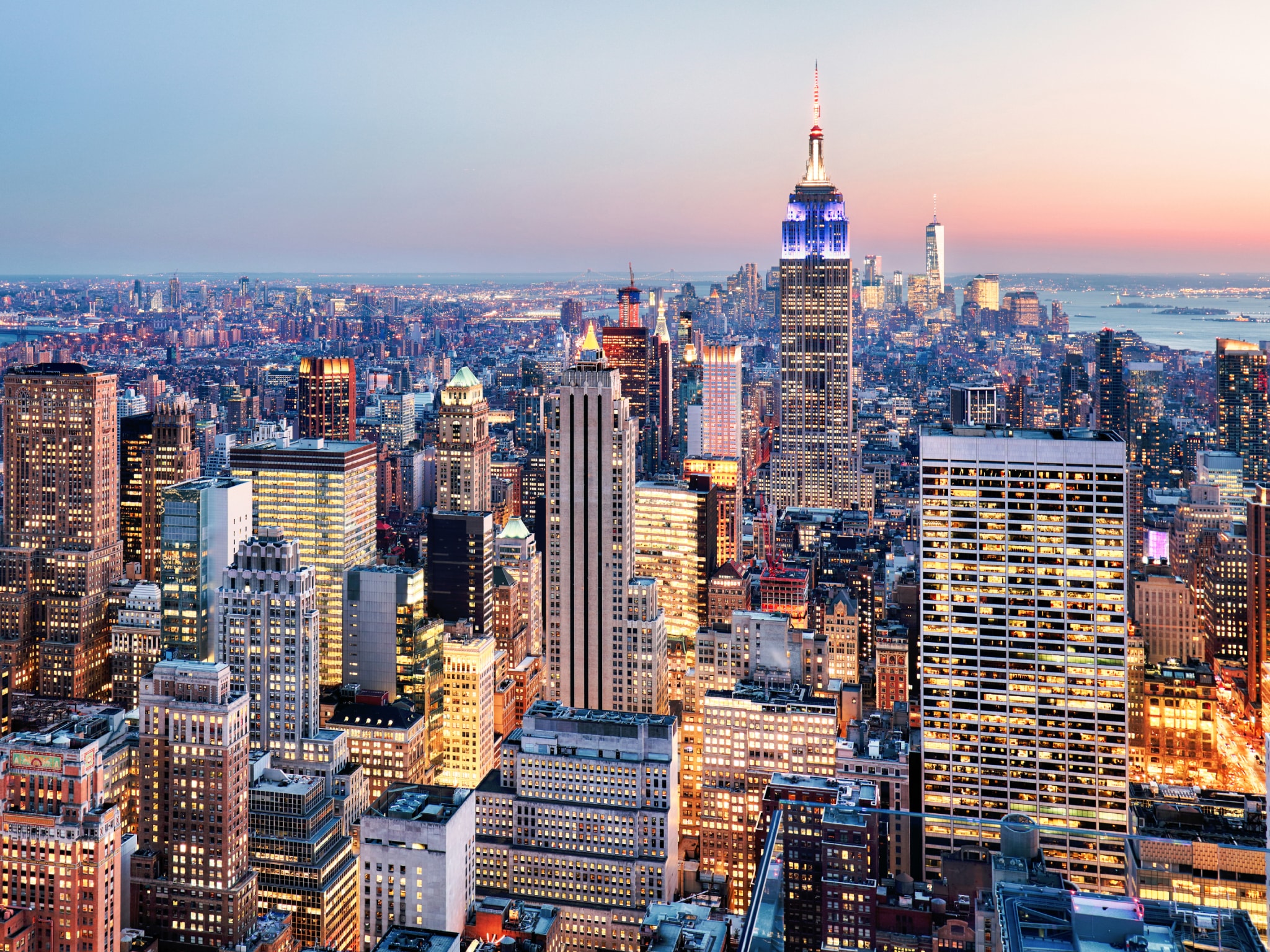 New York skyline at dusk, the arrival port for Queen Mary 2's westbound crossing