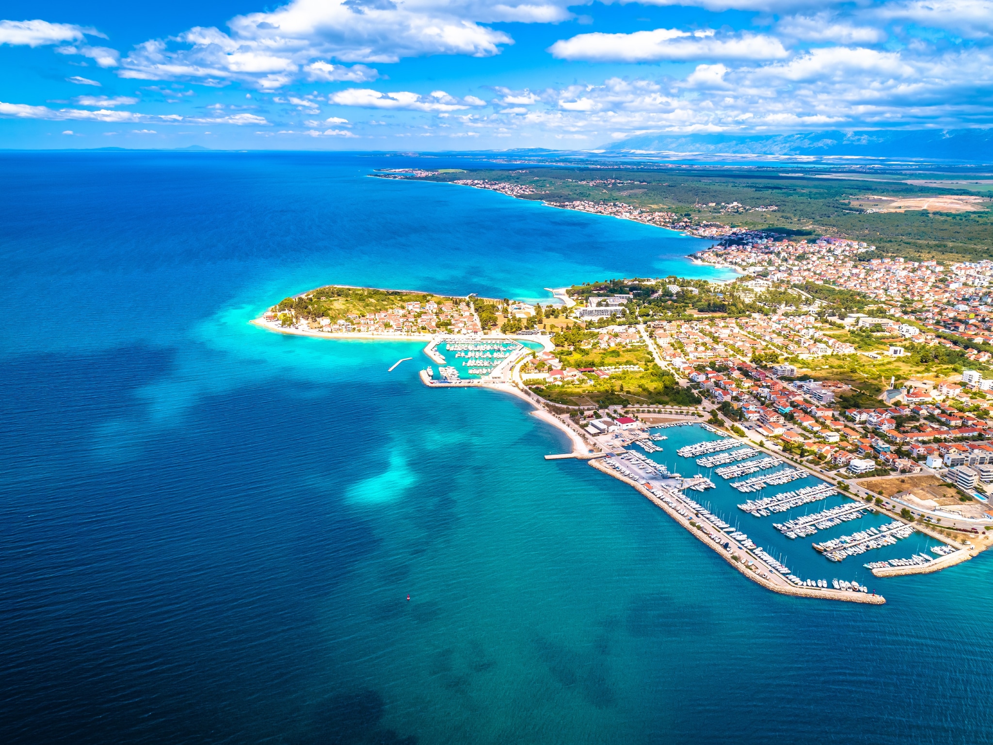 Zadar. Puntamika and Borik in Zadar scenic coastline aerial panoramic view, Dalmatia region of Croatia; Shutterstock ID 2245697085; purchase_order: N/A; job: Cruise images; client: Cunard_digital; other: part of digi licencing