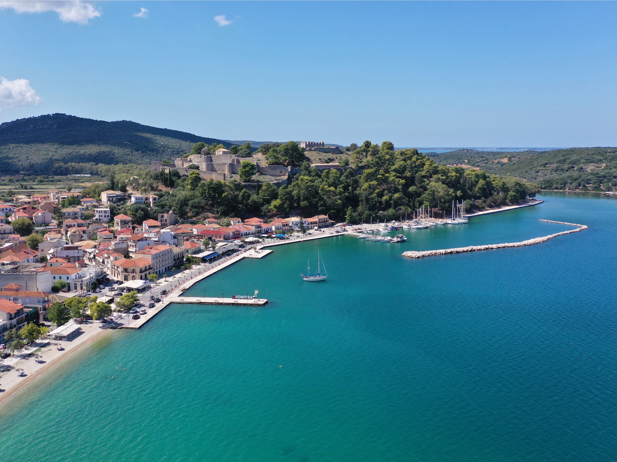 Aerial drone photo of iconic medieval castle built in small hill overlooking city of Vonitsa, Ambracian gulf, Greece; Shutterstock ID 2230382183; purchase_order: N/A; job: Cruise images; client: Cunard_digital; other: part of digi licencing