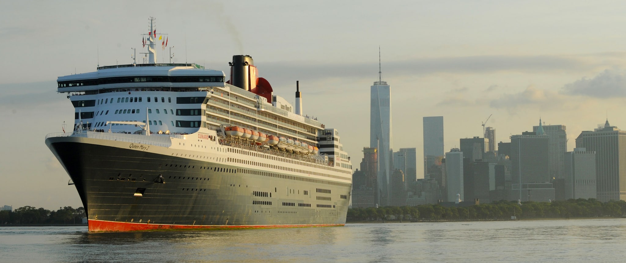 Queen Mary 2 arrives in New York, the final leg of her 175th Anniversary tour, Tuesday, July 14, 2015. This month marks the 175th Anniversary of Cunard, and the companyÕs flagship, Queen Mary 2, has recreated the historic Transatlantic Crossing from Liverpool to Halifax and Boston made by the RMS Britannia in July 1840. Although not a port of call in the original crossing made by Britannia, New York has been Cunard's North American home port for over a century. (Photo by Diane Bondareff/AP Images for Cunard)